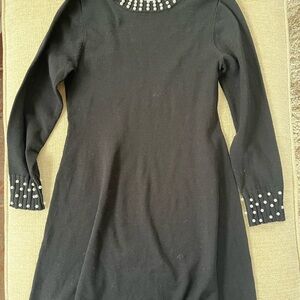 Poppies & Roses Pearl Embellished Black A-Line Dress with Long Sleeves